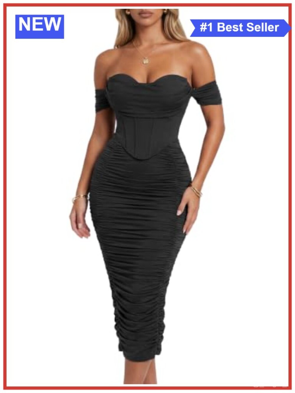 Off Shoulder Faux-Corset Ruched Midi Dress Form-Fitting